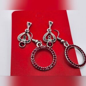 TWO pair silver w/red rhinestones.  DANGLING Hoops and studs! Holidays